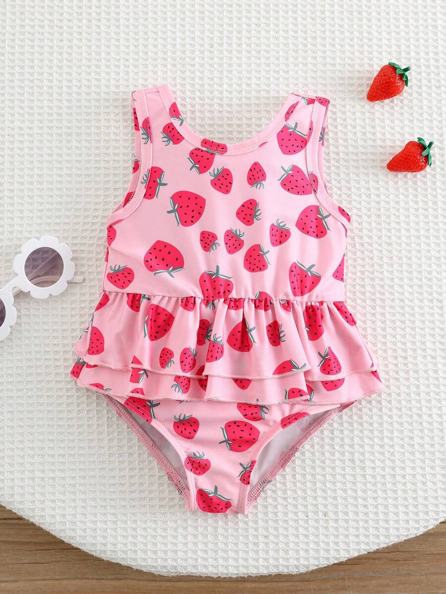 SHEIN 女婴草莓印花荷叶边可爱连体泳衣 - 粉色 - 查看 1