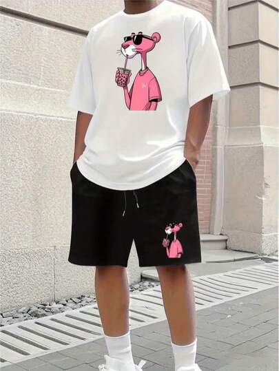 Conjunto 2 piezas para hombre Playera y shorts con estampado de pantera de dibujos animados con gafas estilo callejero casual de verano