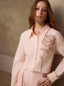MOTF PREMIUM WOMEN'S ROMANTIC ROSE EMBROIDERED COTTON SHIRT - Pink - View 6