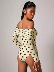 COSMINA 女士优雅波点露肩连体衣，女士上衣，女士衬衫，波点上衣，露肩 - 杏色 - 查看 2