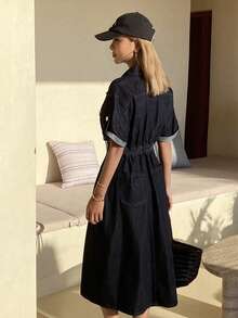 DAZY Women's V-Neck Waist Cinched Asymmetric Slit A-Line Denim Dress, Elegant Niche Style - Blue - View 5