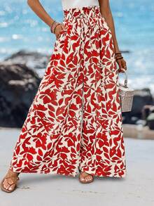 Sylviya 夏季女式树叶印花宽松裤 - 紅色 - 查看 1