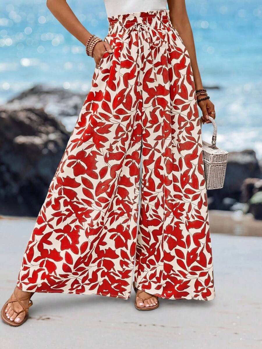 Sylviya 夏季女式树叶印花宽松裤 - 紅色 - 查看 1