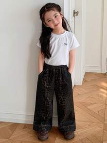 Dazy Kids Young Girl Casual Washed Leopard Print Wide Leg Jeans - Brown - View 5