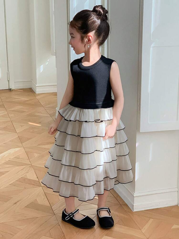 Young Girl Colorblock Round Neck Layered Ruffle Hem Sleeveless Dress Summer Sun Dresses For Women