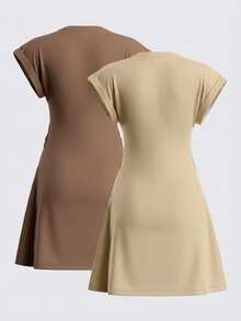 SHEIN BASICS Bộ 2 chiếc váy ngắn tay cổ tròn màu trơn dáng suông dành cho nữ. - Nhiều màu - Xem 2