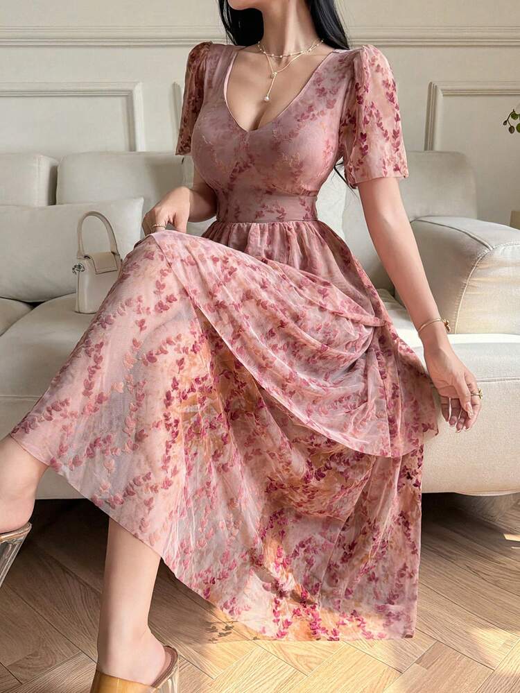 V-Neck Floral Print Short Sleeve Dress For Women Summer Sun Dresses For Women