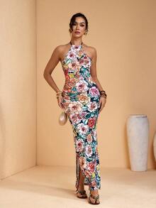 JIAN LASALA Multi Floral Print Halter Neck Tie Backless Women Summer Long Dress Vacation Casual Elegant - Multicolor - View 1
