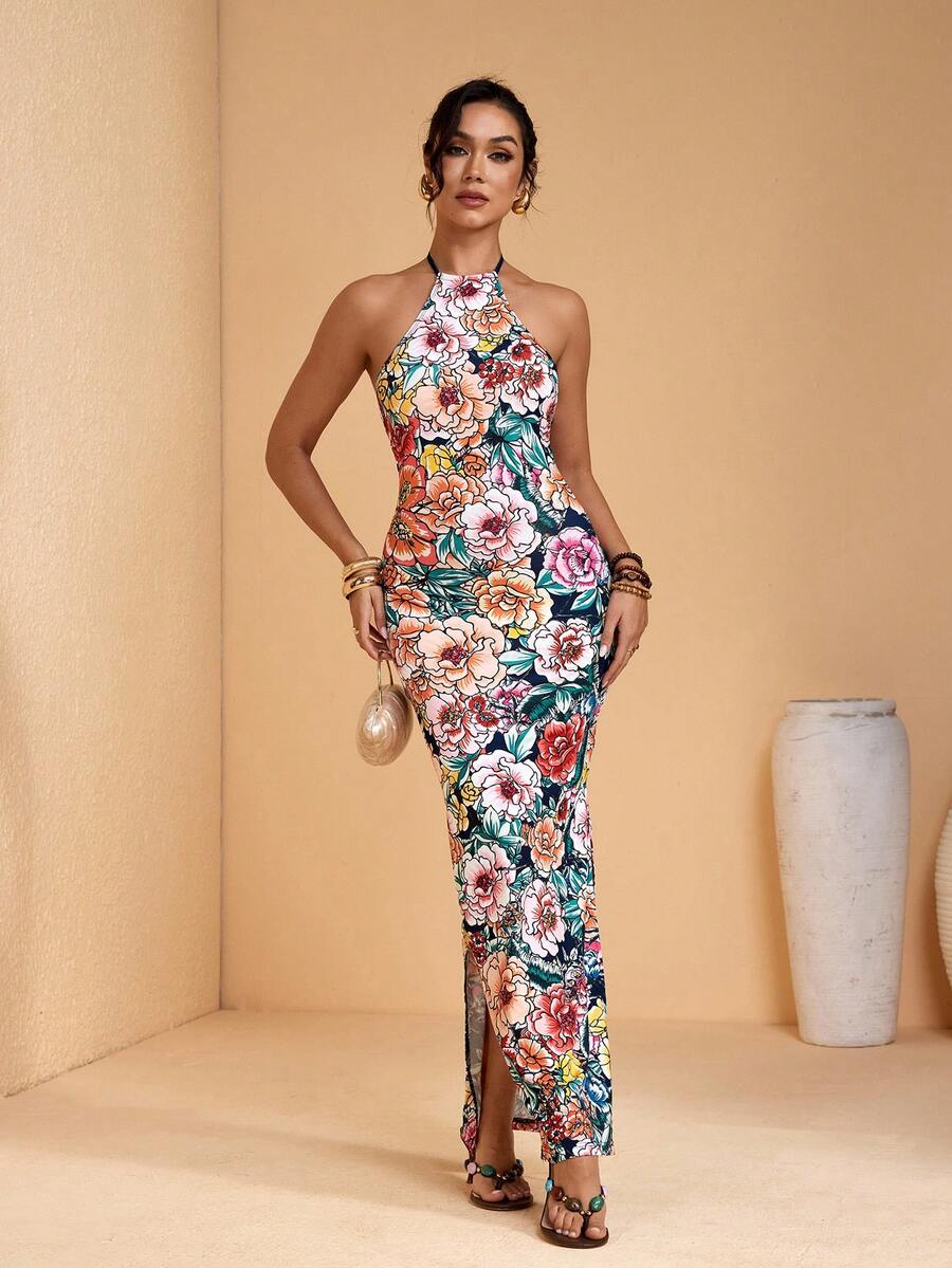 JIAN LASALA Multi Floral Print Halter Neck Tie Backless Women Summer Long Dress Vacation Casual Elegant - Multicolor - View 1