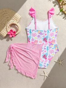 Sparklyn 少女卡通印花连体泳衣，带裙摆，适合游泳、度假、夏季海滩 - 彩色 - 查看 2