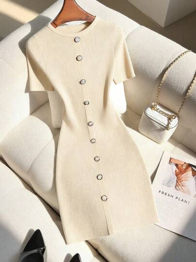 Franclia Women's Solid Color Round Neck Single-Breasted Elegant Waist Fitted Knit Dress, Suitable For Dates And Outings Cream Outfit Women Button Dress Creme Dress French Style Dress Off White Dresses For Women