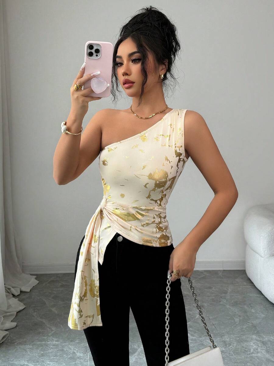 Rafferiza Women's Spring/Summer Sleeveless Tank Top, Gold Foil Fabric, Backless Halter Tank Top - Apricot - View 1