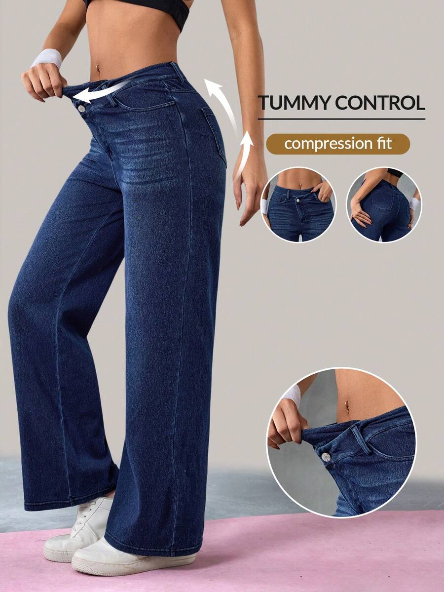 Flexra Loose Straight Leg Wide Leg Slimming Jeans For Women - Dark Wash - View 1