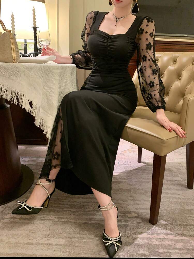 Spring & Summer Black Organza Ditsy Floral Lace Dress, Elegant For Valentine's Day, Wedding, Party, Banquet, Fashion Event. Waist Design, Long Sleeve, Sheer Mesh Overlay Midi Dress For Women Sundress