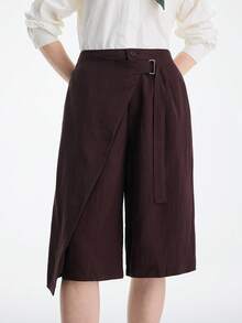 Aalyst Pantalones cortos de unicolor de cintura baja/media con cinturón desmontable con hebilla de metal plateado, bolsillos, rectos y sueltos de color marrón castaño, estilo elegante y retro francés romántico y minimalista, adecuados para la oficina, el transporte, los negocios, el casual, la playa, el uso diario, primavera/verano - Granate - Ver 6