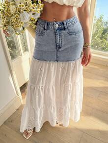 Breezaya Women's Casual Hollow-Out Embroidery Patchwork Denim Mini Skirt - Multicolor - View 7