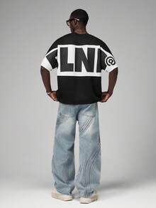 STYNVO 男士字母印花圆领休闲宽松T恤 男士图案T恤 男士印花T恤 男士超大图案T恤 街头风男士超大T恤 男士撞色T恤 - 黑色 - 查看 3