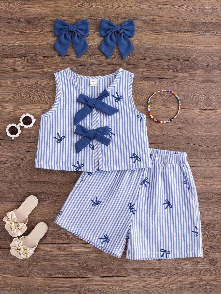 Emery Rose Kids Emery Rose Kids 两件套女童条纹圆领上衣和短裤套装 - 藍色 - 查看 1