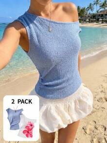 Sparklyn 2pcs/Set Teen Girl Casual Ruched Off-Shoulder Versatile Daily T-Shirts - Multicolor - View 4