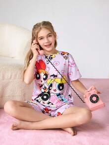 THE POWERPUFF GIRLS X SHEIN 2pcs Tween Girl Cute Style Pajamas, Cartoon Print Round Neck Short Sleeve Top And Shorts Comfortable 2-Piece Set - Multicolor - View 1