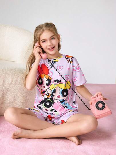 THE POWERPUFF GIRLS X SHEIN 两件套少女可爱风格睡衣，卡通印花圆领短袖上衣和短裤，舒适两件套