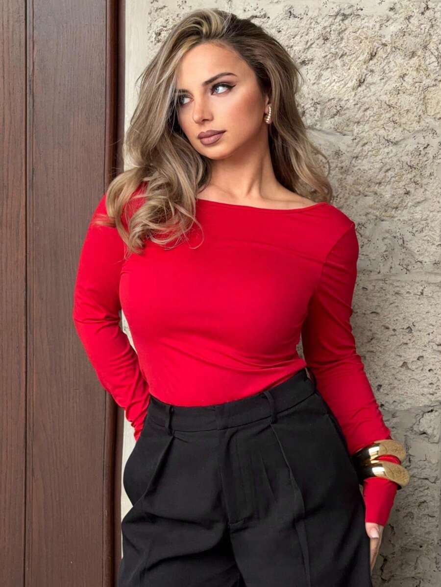 Jeta Ari 黑色上衣；女式性感撞色系带露背修身T恤；女式圆领长袖纯黑色修身蝴蝶结上衣，适合约会，年轻性感，日常外出，秋季服装，日常约会旅行装；日常外出办公装 - 紅色 - 查看 1