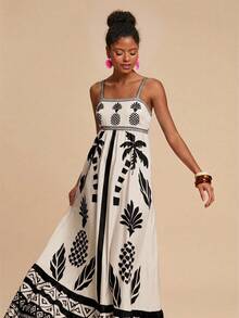 Travachic 梭织印花休闲度假长款吊带裙 - 杏色 - 查看 1