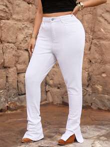 SHEIN ICON Plus Size Casual Versatile Solid Color High Waist Split Hem Jeans - White - View 6