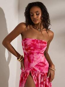 Opulessa Vestido ajustado con abertura y estampado de malla de punto para mujer, ideal para primavera y verano - Rosa - Ver 6