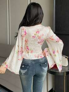 DAZY Women's Elegant Commuter Floral Print Flare Sleeve Blouse - Beige - View 7