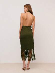 Nöista Olive Green Halter Dress With A Textured Fabric With A Crisscross Neckline And Fringe Hem. Summer, , Boho-Chic, Evening Wear, Spring, Festival. - Army Green - View 2