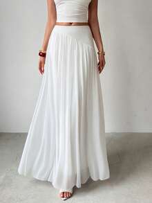 Firerie Women's Elegant Romantic Casual Vacation Beach Holiday Skirt, White Mesh Asymmetrical Waist Splice Loose A-Line Flowing Long Skirt, Suitable For Valentine's Day, Wedding Guest, Teacher Outfit, Fashion Versatile - White - View 4