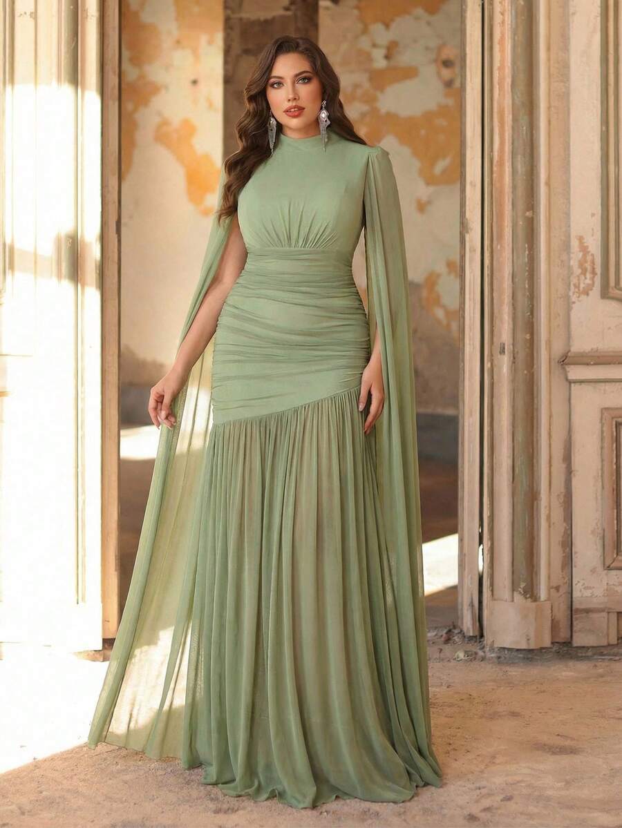 Aureia Plus Size Elegant Romantic Green High Collar Puff Sleeve Ruched Bust Sheer Fishtail Hem Dress, Suitable For Influencer Wedding, Party, Formal Occasion, Gala (Heavily Embellished Design)