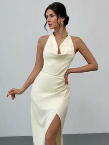 Firerie Đầm nữ thanh lịch, sang trọng cho buổi hẹn hò, kỳ nghỉ độc đáo, mùa cưới, kiểu cổ yếm buộc dây, hở lưng, xẻ tà, xếp ly, màu mơ nhạt, đầm hè cho nữ. - Màu be - Xem 8