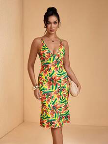 JIAN LASALA Đầm mùa hè cho nữ, cổ chữ V, dáng đuôi cá, in họa tiết hoa nhiệt đới đa sắc, chất liệu jersey, thích hợp cho kỳ nghỉ hoặc đi biển. - Nhiều màu - Xem 7