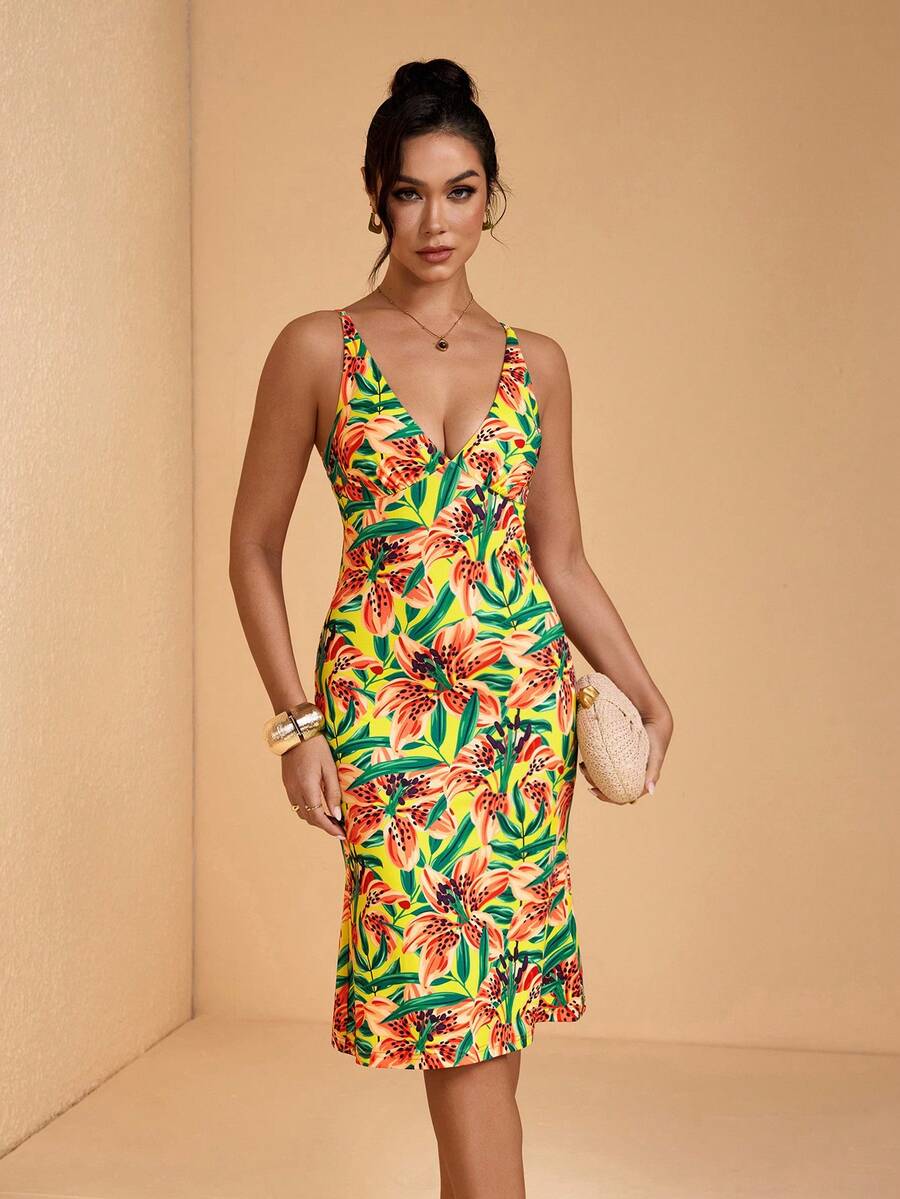 JIAN LASALA Đầm mùa hè cho nữ, cổ chữ V, dáng đuôi cá, in họa tiết hoa nhiệt đới đa sắc, chất liệu jersey, thích hợp cho kỳ nghỉ hoặc đi biển. - Nhiều màu - Xem 1