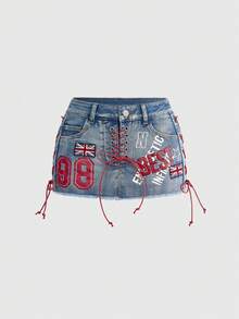 ROMWE Grunge Punk Minifalda ajustada de mezclilla con diseño de cordón de contraste y parche con estilo de bandera del Reino Unido - Azul - Ver 2