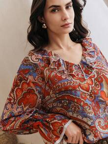 Anewsta 女士新款V领拼接蕾丝连衣裙，宽松腰身番石榴花度假波西米亚休闲雪纺连衣裙，搭配西部复古做旧铆钉腰带 - 藍色 - 查看 5