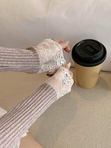 DAZY Áo thun dài tay ôm sát gợi cảm phối ren dành cho nữ - Hồng - Xem 3