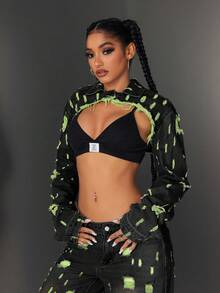 Jeanoix Women's Turndown Collar Frayed Hem Fashionable Versatile Date Casual Long Sleeve Denim Jacket - Green - View 7