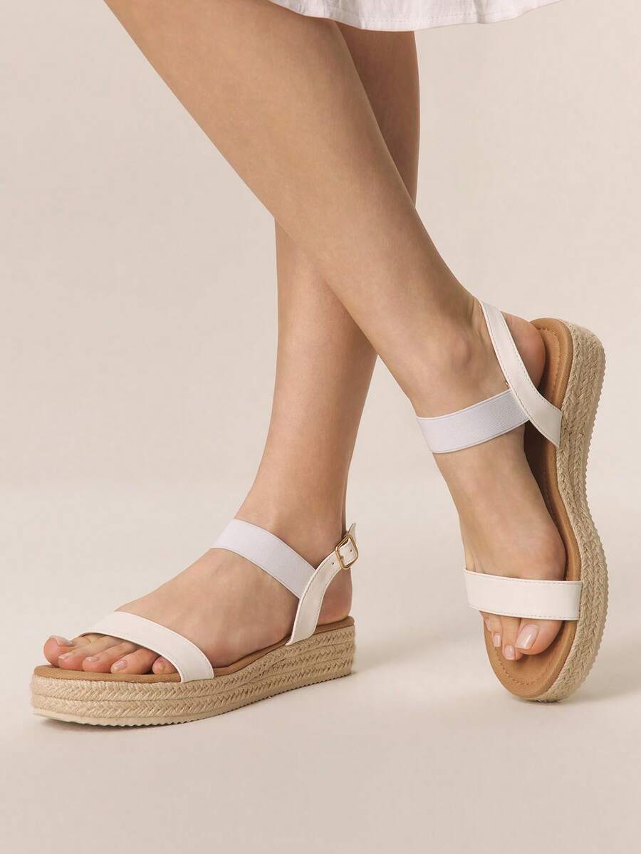 Styleloop Women's Fashion Solid Color Woven Casual Thick-Soled Platform Wedge Sandals, Bohemian Style Retro Canvas Thick-Soled Ankle Strap Sandals, Western Style, Music Festival Party Outfit, Holiday Wear, Vacation Outfits Travel Essentials Summer Shoes - White - View 1
