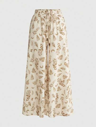 ROMWE Fairycore Quần ống rộng dáng suông in họa tiết ngôi sao và cây cỏ bí ẩn cổ điển dành cho nữ