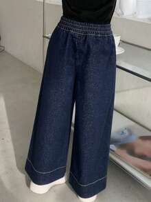 Dazy Kids 年轻女孩松紧腰带口袋阔腿宽松休闲牛仔裤 - 深色水洗藍 - 查看 2