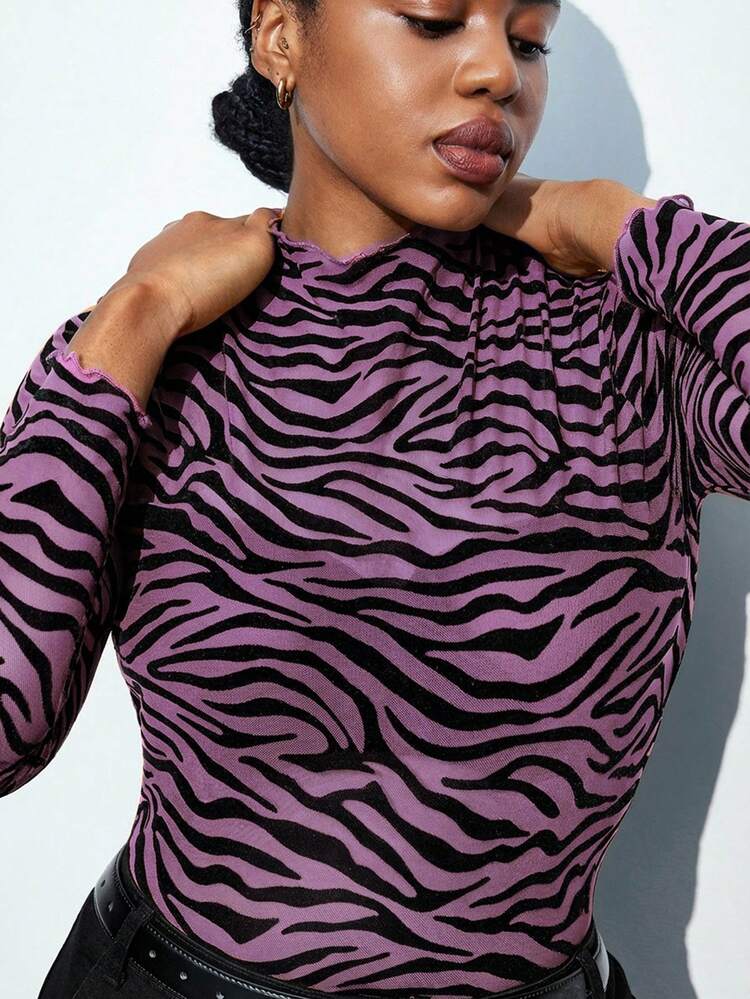 SHEIN Maija Plus Size Women's Floral Flocked Sheer Turtleneck Mesh Blouse Long Sleeve Top, Romantic, Fashionable, Versatile;Comfortable, Elegant Women's Date Night, Plus Size Women's Business Casual Easter Women Party Top Beach Summer Holiday Each Vacation For Women Summer For Women Going Out Graduation Graduation Casual Casual Blouses For Women Shirts For Women Curve Zebra Print Outfit Zebra Print Outfit Women Zoo Outfit Women Zebra Print Plus Size Women's Work Tops Tiger Print Plus Size Plus Size Work Tops