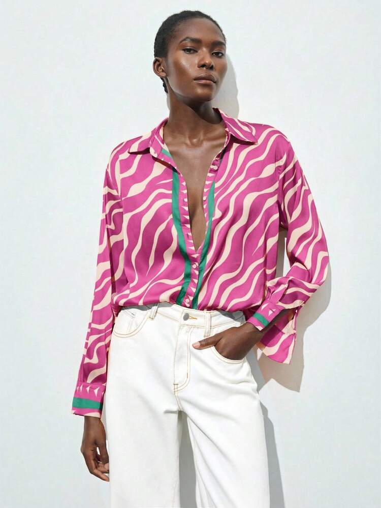 SHEIN Maija Women's Multi-Color Animal Print Zebra Pattern Chic Vacation Button-Up Shirt, Suitable For Urban Commute, Business Casual, Office Wear, Elegant Christmas Party, New Year Gathering, Blouse St Patrick's Day Women Easter Summer Easter Women Party Top Beach Summer Holiday Each Vacation For Women Summer For Women Going Out Graduation Graduation Casual Casual Blouses For Women Zebra Print Top 70s Tops 70s 70s Fashion 70s