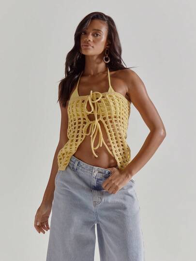 MUSERA Tie Up Front Square Crochet Bandeau Off The Shoulder Top Cute Beach Coverup Summer Spring Holiday Going Out Swim Sexy Crochet Knit