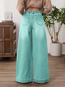 EMERY ROSE Plus Size Casual Washed High Waist Wide Leg Jeans - Mint Green - View 2