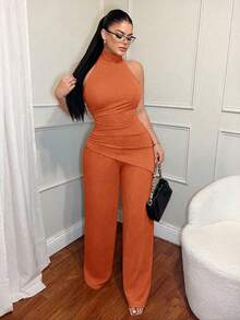 SHEIN SXY Women's Solid Color Casual Commuter Halter Top And Pants Set - Orange - View 6