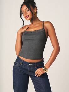 MISSGUIDED Top de canalé con encaje delicado y tirantes cruzados en la espalda, un top sin mangas casual para usar a diario - Gris - Ver 1