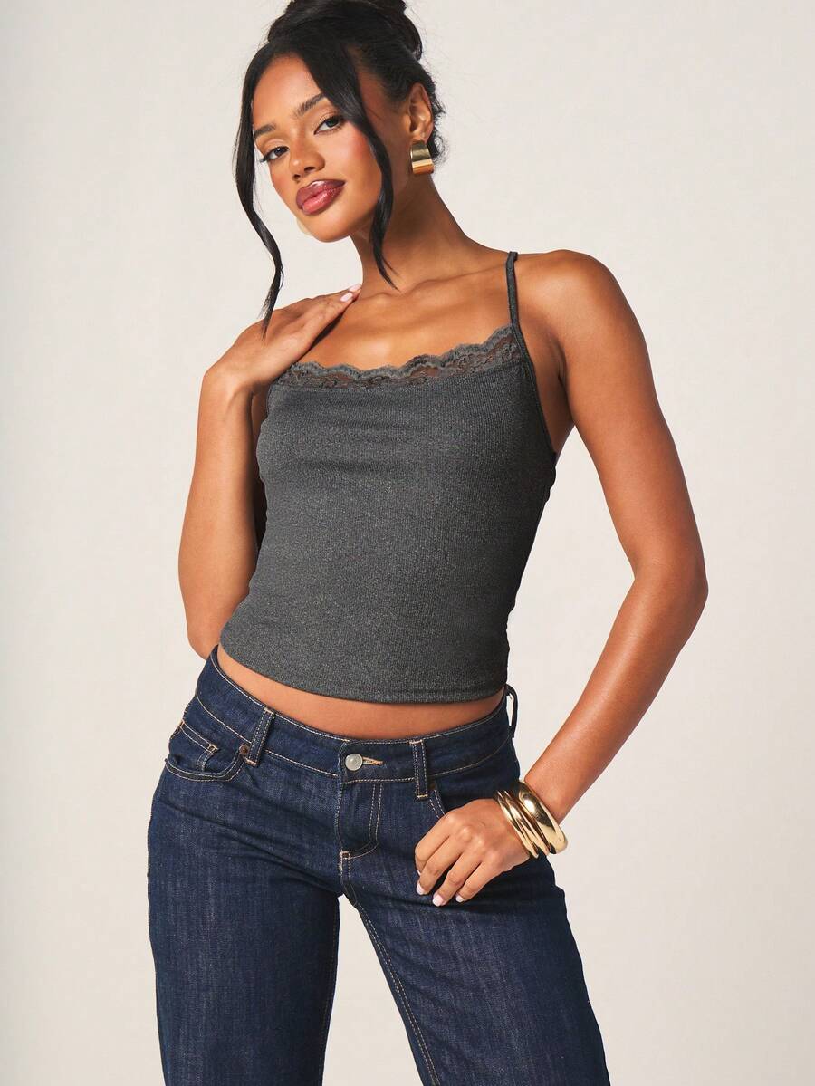 MISSGUIDED Top de canalé con encaje delicado y tirantes cruzados en la espalda, un top sin mangas casual para usar a diario - Gris - Ver 1